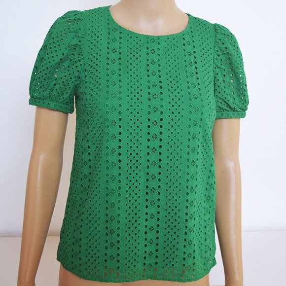 "5/$35" Beautiful Emerald Green Eyelet Puff-Sleeve Top From J. Crew - Picture 1 of 10